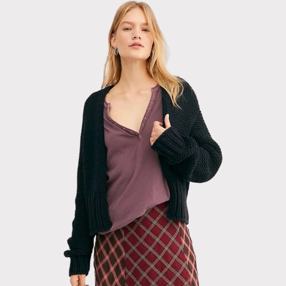 Free People Black Crop Chunky Knit Cardigan Cozy Sweater Women's Size S